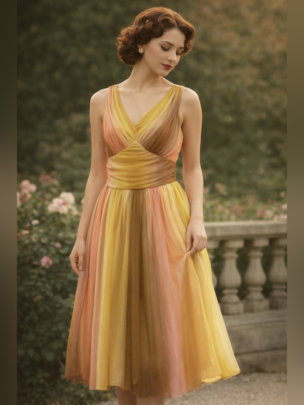 Vintage Yves Ombre Pleated Midi Dress Metallic Gold Pink Sunset Plissé Large